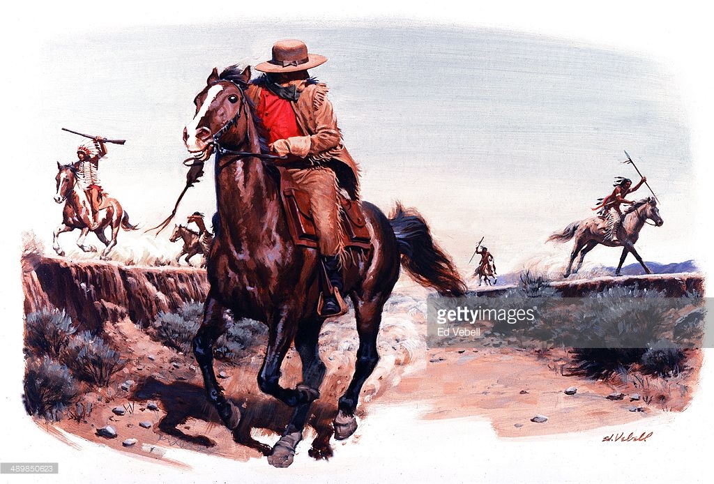 painting-depicting-a-pony-express-rider-being-chased-by-hostile-picture-id489850623